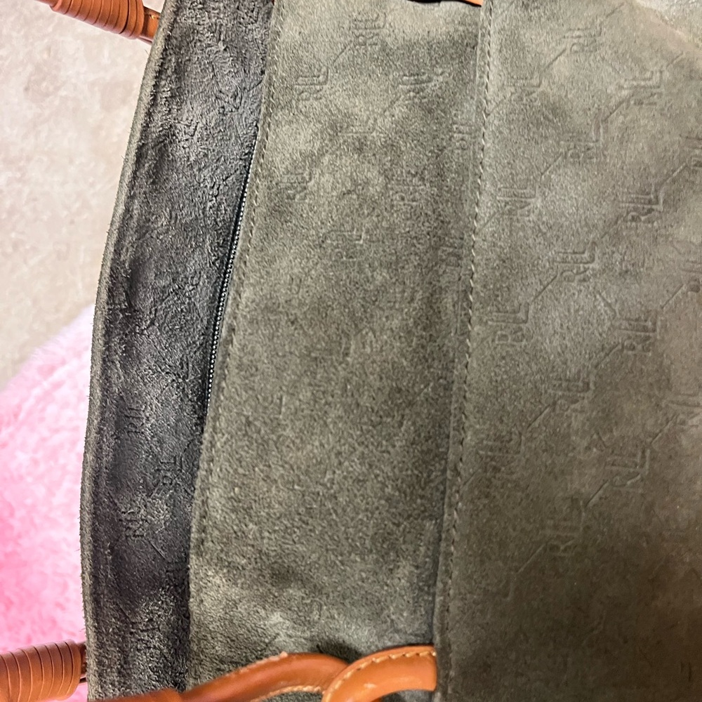 Ralph Lauren Olive Green Suede Tote with Tan Leather Handles - Picture 2 of 7